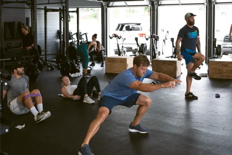 Multiple people doing calisthenics.