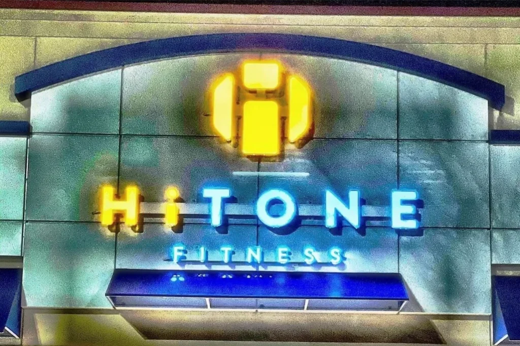 Hi tone Fitness Logo on front of an entrance.