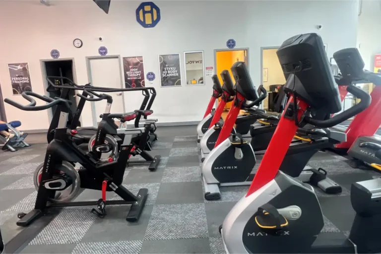 Exercise bikes at a gym.