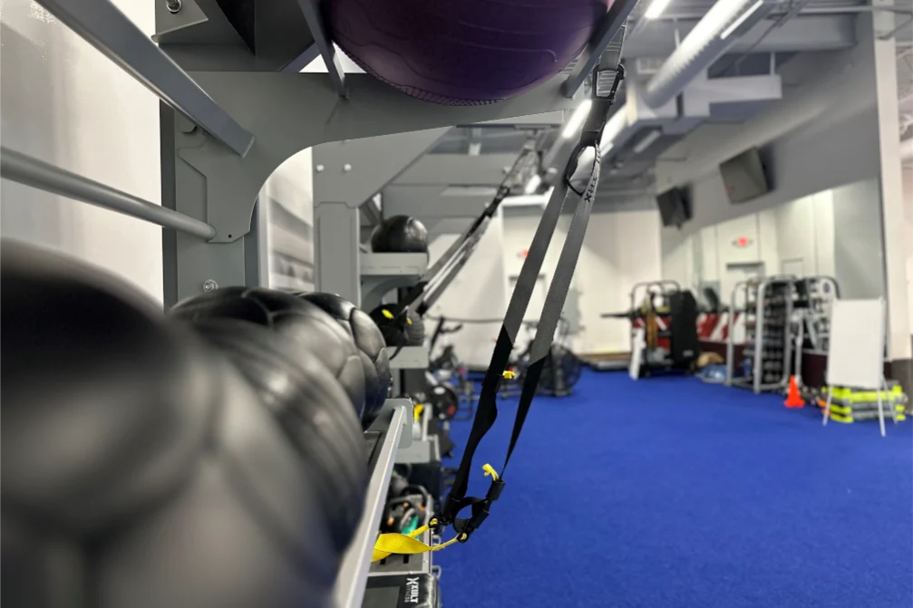 Medicine ball rack at a gym.