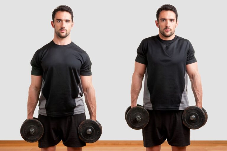 A man doing the dumbbell shrug exercise.