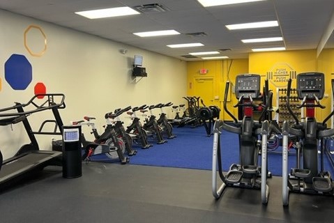 Elliptical machines, treadmill, and exercise bikes in a room.