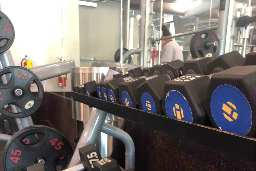 Hex dumbbells on a weight rack and weight plates in the background.