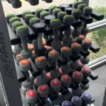 Vertically-placed small dumbbells on a weight rack.