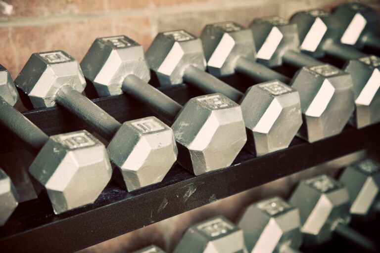 A close up of dumbbell rack.