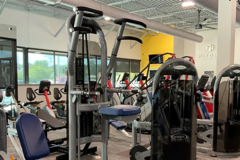 Pull-up and dip machine at a gym.