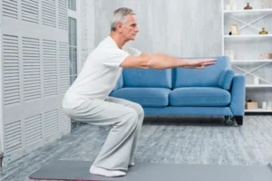 A senior man performs a squat on a yoga mat, extending his arms forward, with a blue couch in the background.